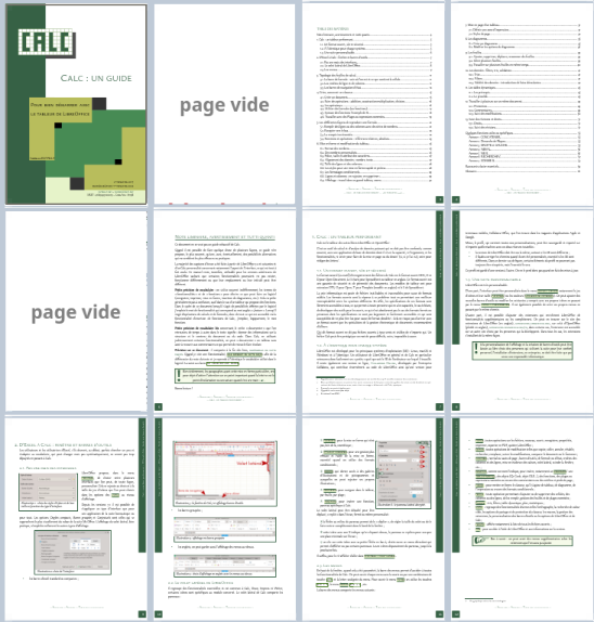 Affichage de plusieurs pages montrant les mises en page différentes : première page, page de droite et page de gauche.